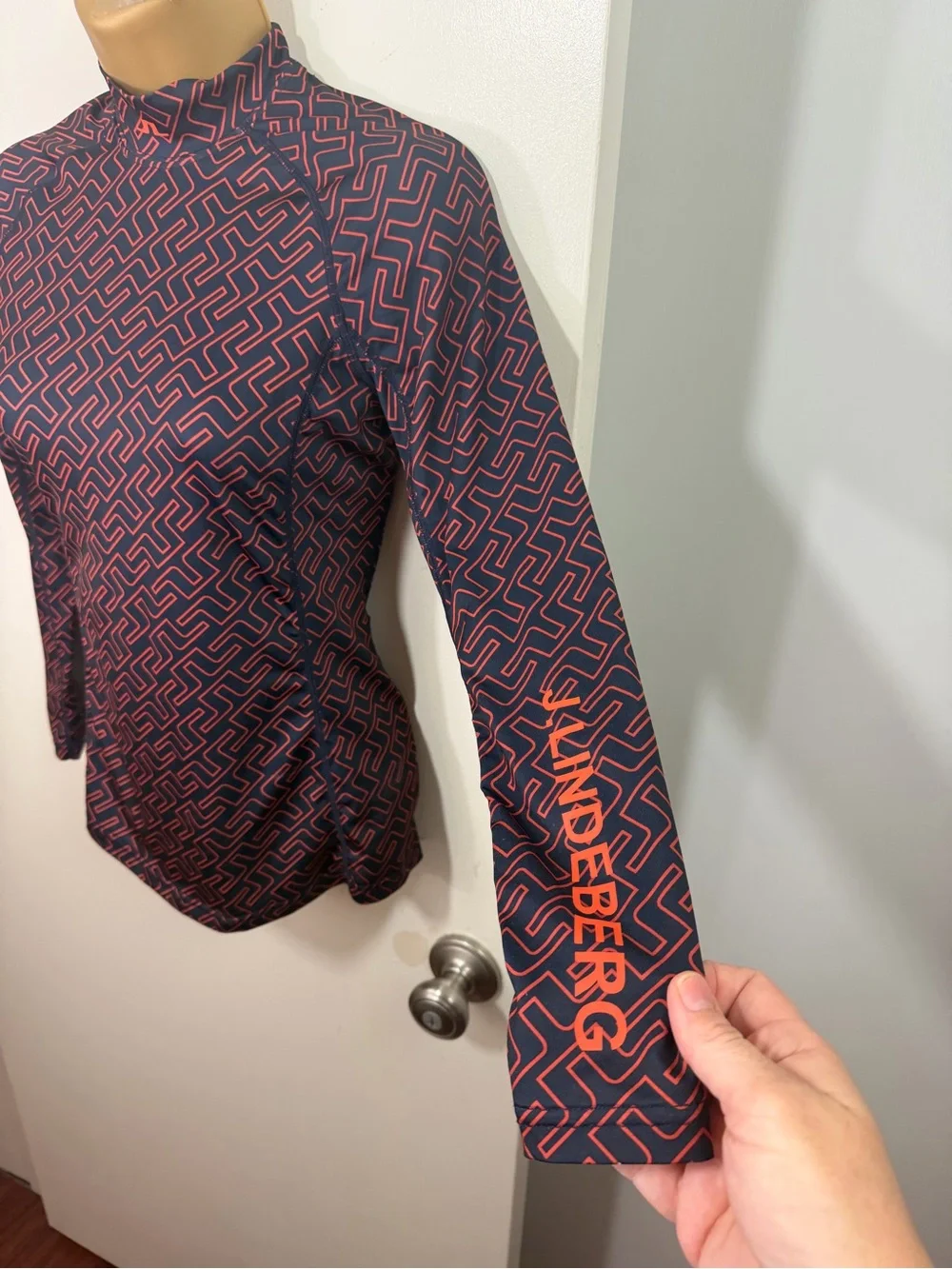 J.Lindeberg Navy & Orange Printed Compression‎ 4Way Stretch Long Sleeve Shirt XS